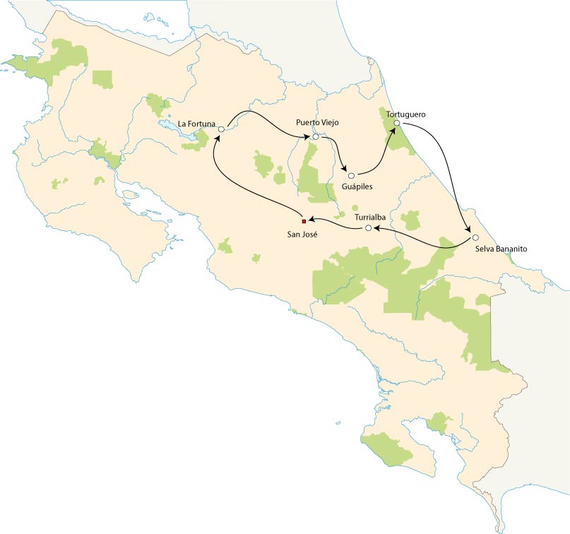 CR Map Rundreise Höhepunkte Costa Ricas 11 Tage